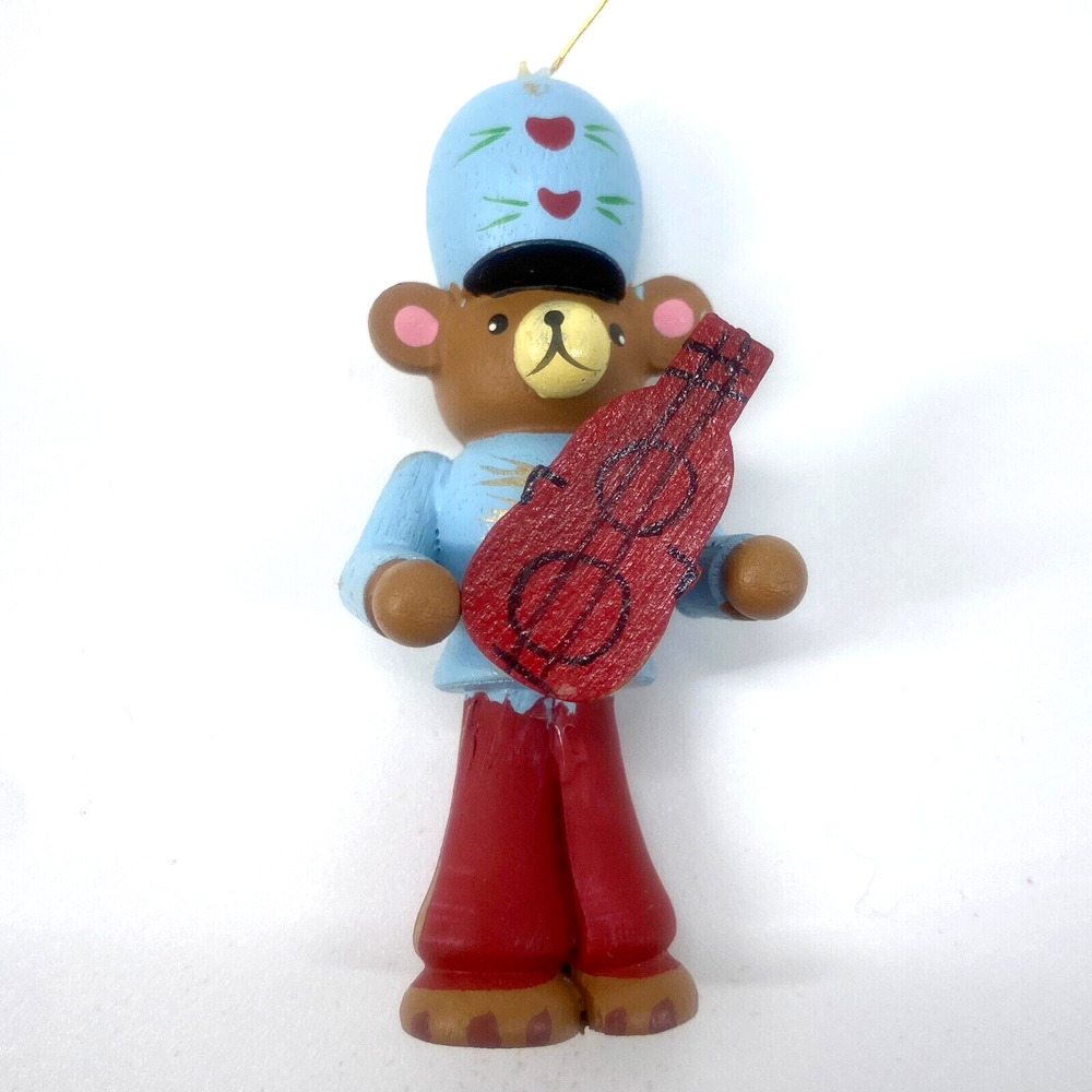 Brown Bear Wood Ornament Holding Playing Red Guitar Blue Top & Hat 3 inches